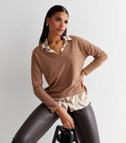 New Look Camel Doodle Print 2-in-1 Long Puff Sleeve Top